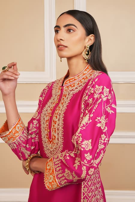 Buy_Sheetal Batra_Pink Silk, Chanderi, Satin Gota Patti Mehnoor Embroidered Kurta And Dhoti Pant Set _Online_at_Aza_Fashions
