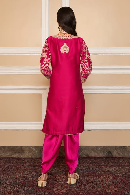 Shop_Sheetal Batra_Pink Silk, Chanderi, Satin Gota Patti Mehnoor Embroidered Kurta And Dhoti Pant Set _Online_at_Aza_Fashions