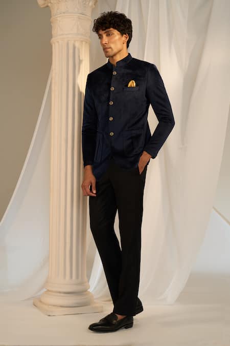 Buy_Soniya G X AZA_Blue Velvet Carved Buttons Bandhgala With Pant _Online_at_Aza_Fashions