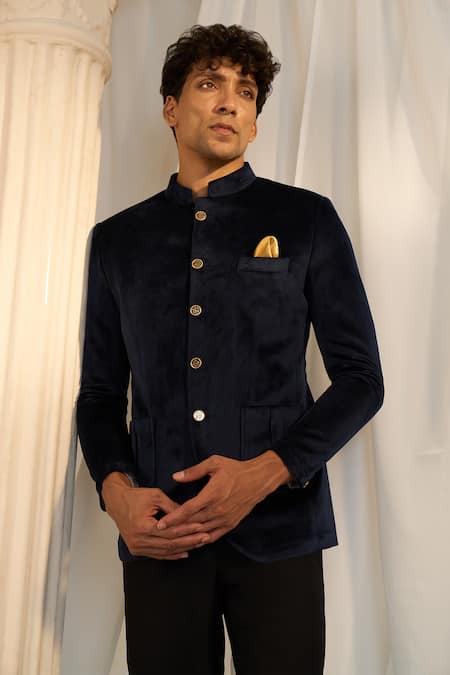 Shop_Soniya G X AZA_Blue Velvet Carved Buttons Bandhgala With Pant _Online_at_Aza_Fashions
