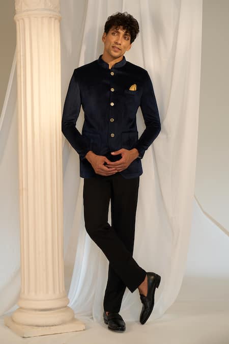 Soniya G X AZA_Blue Velvet Carved Buttons Bandhgala With Pant _at_Aza_Fashions
