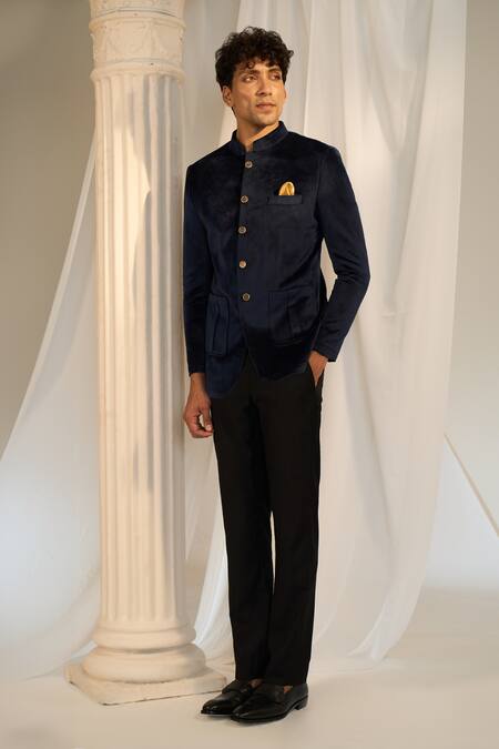 Buy_Soniya G X AZA_Blue Velvet Carved Buttons Bandhgala With Pant 