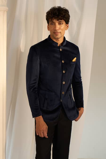 Shop_Soniya G X AZA_Blue Velvet Carved Buttons Bandhgala With Pant 