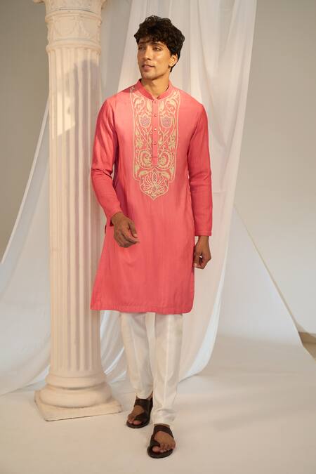 Shop_Soniya G X AZA_Pink Handloom Cotton Embroidery Floral Kurta Set _Online_at_Aza_Fashions