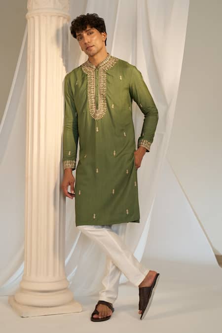 Soniya G X AZA_Green Handloom Cotton Embroidery Kurta Set _at_Aza_Fashions