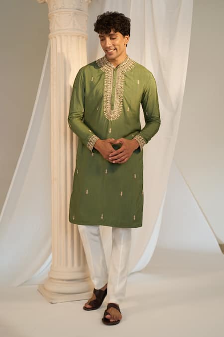 Shop_Soniya G X AZA_Green Handloom Cotton Embroidery Kurta Set 