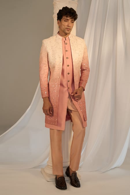 Shop Soniya G X AZA Peach Chanderi, Handloom Cotton Mirrors, Floral Chikankari Achkan Set Online at Aza Fashions Shop_Soniya G X AZA_Peach Chanderi, Handloom Cotton Mirrors, Floral Chikankari Achkan Set _Online_at_Aza_Fashions