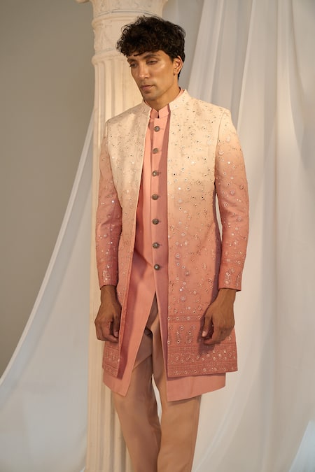 Soniya G X AZA Peach Chanderi, Handloom Cotton Mirrors, Floral Chikankari Achkan Set at Aza Fashions Soniya G X AZA_Peach Chanderi, Handloom Cotton Mirrors, Floral Chikankari Achkan Set _at_Aza_Fashions