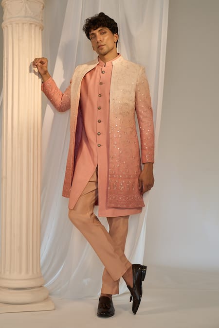 Buy Soniya G X AZA Peach Chanderi, Handloom Cotton Mirrors, Floral Chikankari Achkan Set Buy_Soniya G X AZA_Peach Chanderi, Handloom Cotton Mirrors, Floral Chikankari Achkan Set