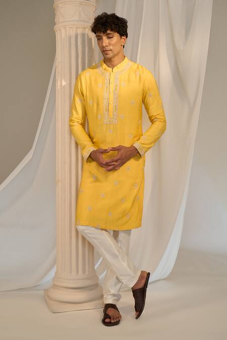 Shop_Soniya G X AZA_Yellow Handloom Cotton Embroidery Floral Kurta Set 