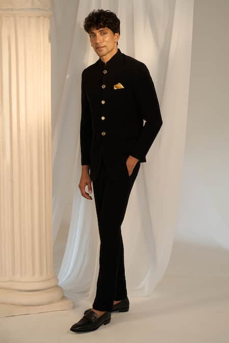 Soniya G X AZA_Black Velvet Carved Buttons Bandhgala Pant Set _at_Aza_Fashions