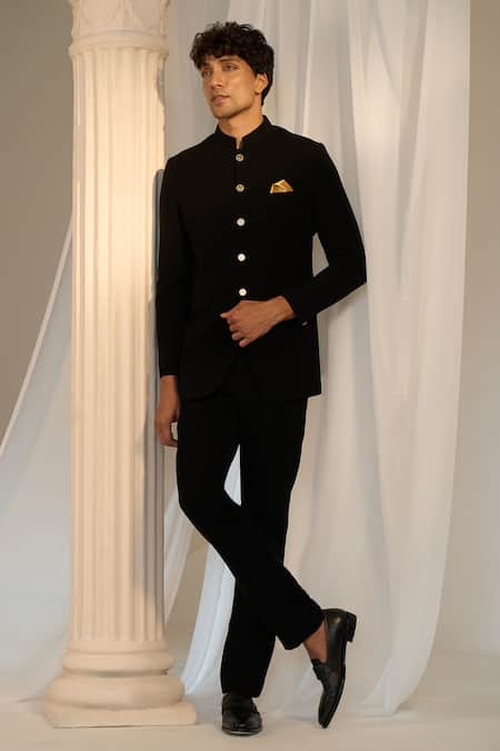 Shop_Soniya G X AZA_Black Velvet Carved Buttons Bandhgala Pant Set 