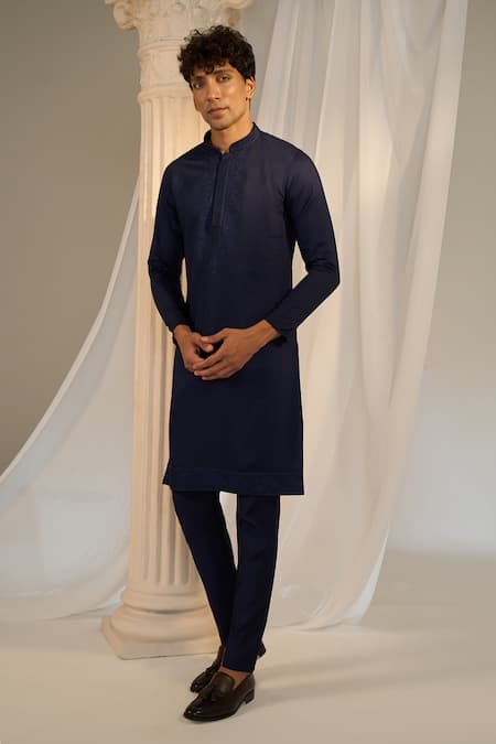 Shop_Soniya G X AZA_Blue Handloom Cotton Embroidery, Beads Nehru Jacket And Kurta Set _Online_at_Aza_Fashions