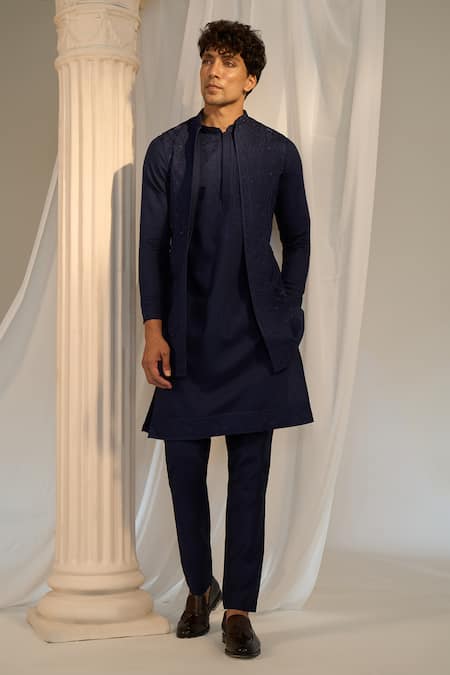 Soniya G X AZA_Blue Handloom Cotton Embroidery, Beads Nehru Jacket And Kurta Set _at_Aza_Fashions