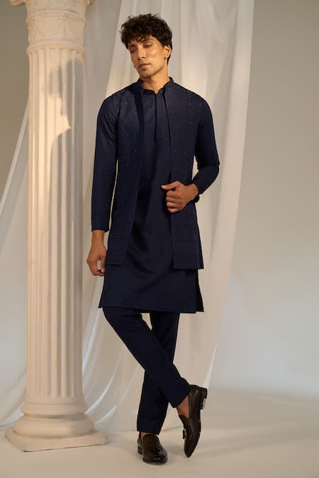 Buy_Soniya G X AZA_Blue Handloom Cotton Embroidery, Beads Nehru Jacket And Kurta Set 