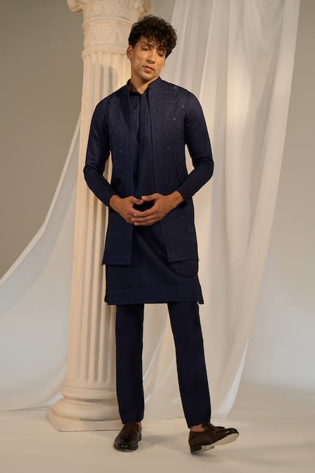 Shop_Soniya G X AZA_Blue Handloom Cotton Embroidery, Beads Nehru Jacket And Kurta Set 