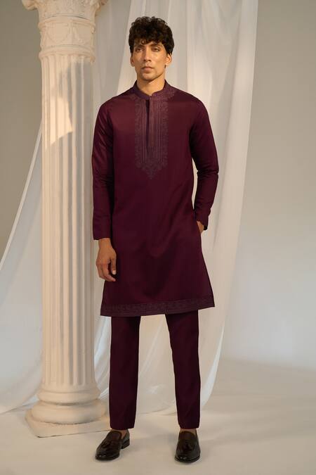 Soniya G_Wine Handloom Cotton Embroidery, Beads Thread Nehru Jacket Set_Online_at_Aza_Fashions