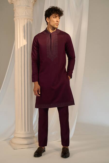 Buy_Soniya G_Wine Handloom Cotton Embroidery, Beads Thread Nehru Jacket Set_Online_at_Aza_Fashions