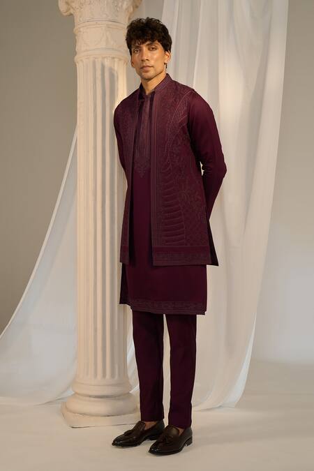 Shop_Soniya G_Wine Handloom Cotton Embroidery, Beads Thread Nehru Jacket Set_Online_at_Aza_Fashions
