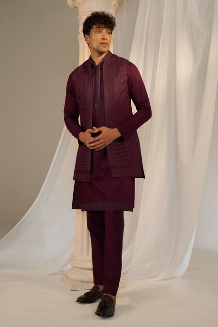 Soniya G_Wine Handloom Cotton Embroidery, Beads Thread Nehru Jacket Set_at_Aza_Fashions