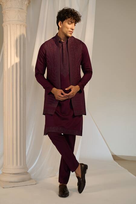 Buy_Soniya G_Wine Handloom Cotton Embroidery, Beads Thread Nehru Jacket Set