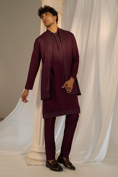 Shop_Soniya G_Wine Handloom Cotton Embroidery, Beads Thread Nehru Jacket Set