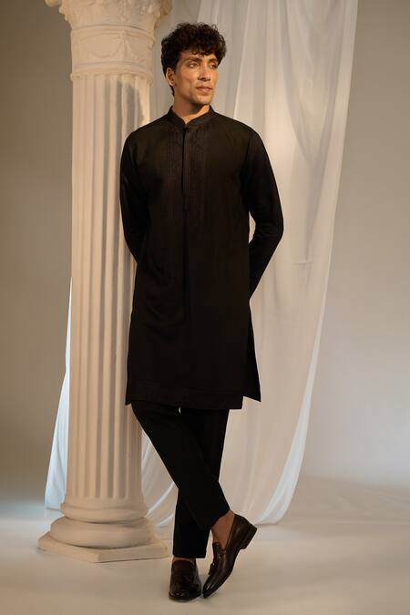 Buy_Soniya G X AZA_Black Handloom Cotton Beads, Embroidery Nehru Jacket And Kurta Set _Online_at_Aza_Fashions