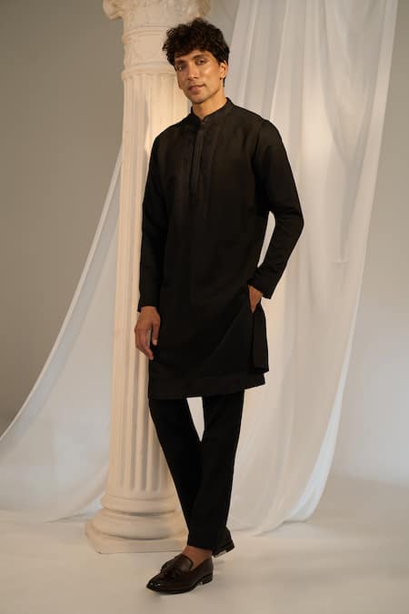 Shop_Soniya G X AZA_Black Handloom Cotton Beads, Embroidery Nehru Jacket And Kurta Set _Online_at_Aza_Fashions