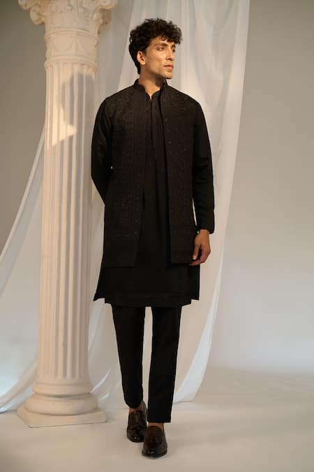 Soniya G X AZA_Black Handloom Cotton Beads, Embroidery Nehru Jacket And Kurta Set _at_Aza_Fashions