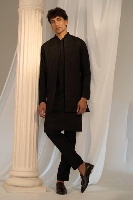 Buy_Soniya G X AZA_Black Handloom Cotton Beads, Embroidery Nehru Jacket And Kurta Set 