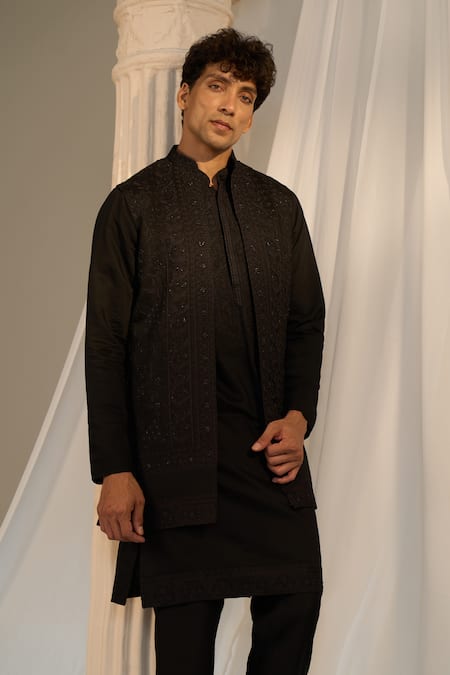 Shop_Soniya G X AZA_Black Handloom Cotton Beads, Embroidery Nehru Jacket And Kurta Set 