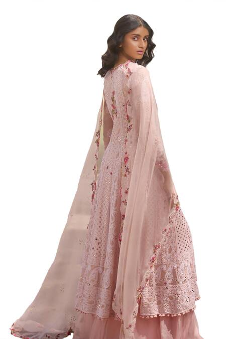 Buy Dolly J Pink Georgette Ariyana Floral Chikankari Mukaish Work Kalidar Sharara Set Buy_Dolly J_Pink Georgette Ariyana Floral Chikankari Mukaish Work Kalidar Sharara Set