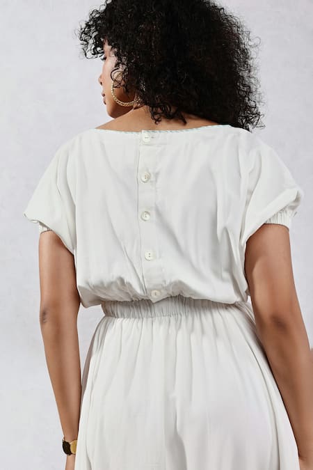 Shop_Leela By A_White Tencel Embroidery Round Neck Cowl Draped Hem Jumpsuit _at_Aza_Fashions