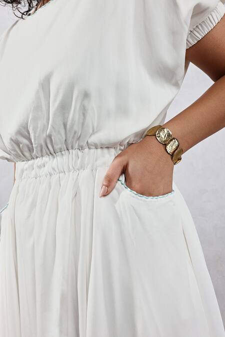 Leela By A_White Tencel Embroidery Round Neck Cowl Draped Hem Jumpsuit _Online_at_Aza_Fashions