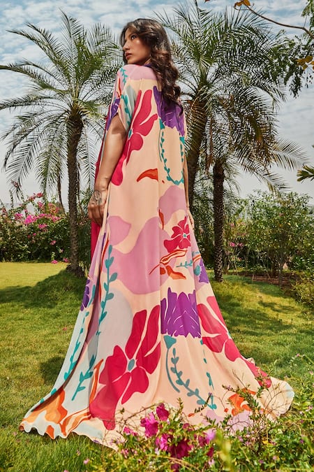 Shop_Babita Malkani_Peach Floral Print Long Cape _at_Aza_Fashions