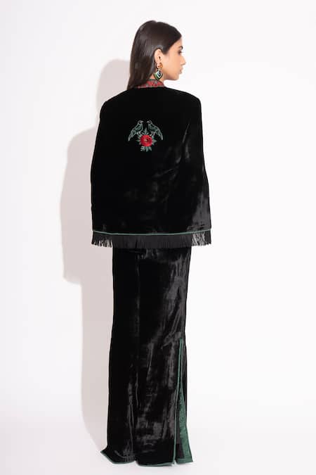 Shop House Of Inari Black Makhmal Applique Embroidered Floral Jacket Open Neck Pant Set at Aza Fashions Shop_House Of Inari_Black Makhmal Applique Embroidered Floral Jacket Open Neck Pant Set _at_Aza_Fashions