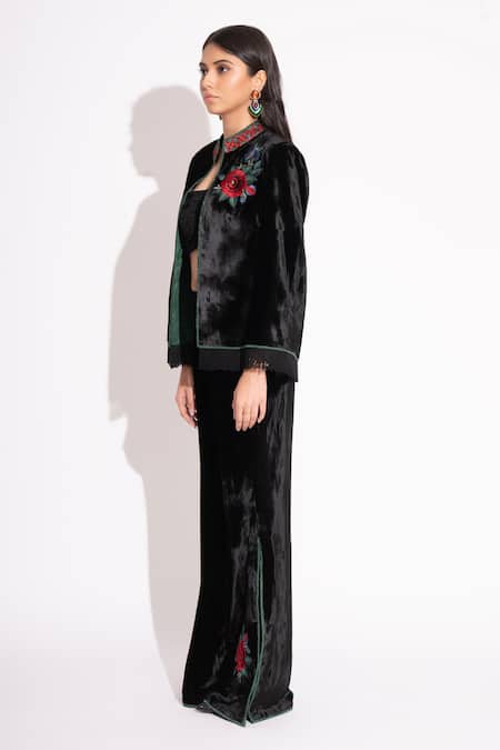 House Of Inari Black Makhmal Applique Embroidered Floral Jacket Open Neck Pant Set Online at Aza Fashions House Of Inari_Black Makhmal Applique Embroidered Floral Jacket Open Neck Pant Set _Online_at_Aza_Fashions
