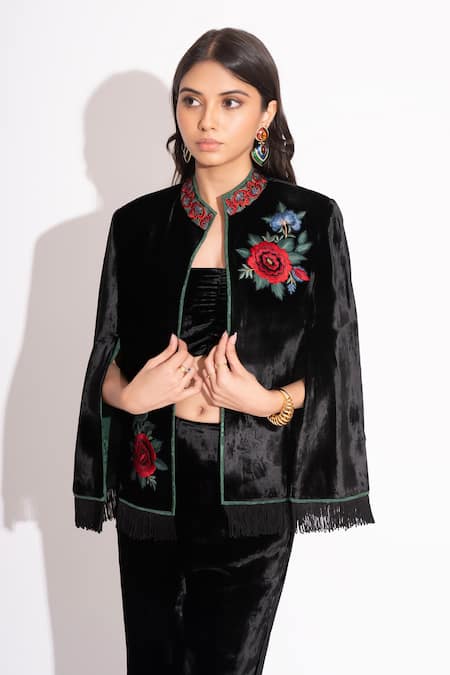 Buy House Of Inari Black Makhmal Applique Embroidered Floral Jacket Open Neck Pant Set Online at Aza Fashions Buy_House Of Inari_Black Makhmal Applique Embroidered Floral Jacket Open Neck Pant Set _Online_at_Aza_Fashions