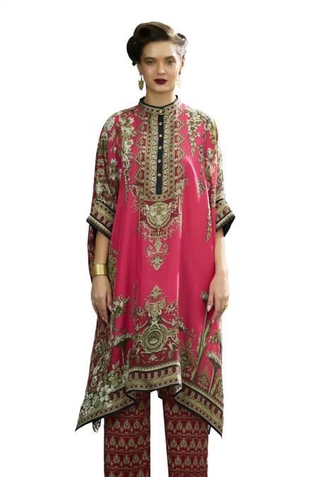 Shop_Rajdeep Ranawat_Pink Silk Embroidery Bandeau Neck Chantelle Flora Crest Print Tunic 