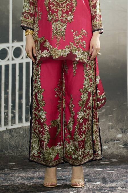Buy_Rajdeep Ranawat_Fuchsia Silk, Modal Gloria Garden Print Layered Flared Pant 