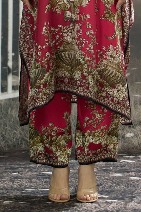 Shop_Rajdeep Ranawat_Fuchsia Modal, Satin Permaz Garden Print Flared Pant 