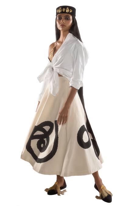 Masaba_White , Handloom Placement Embellished Shirt Swing Skirt Set _Online_at_Aza_Fashions