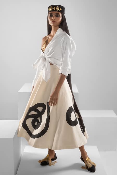 Shop_Masaba_Ivory Cotton The Tamil Print Swing Skirt _at_Aza_Fashions