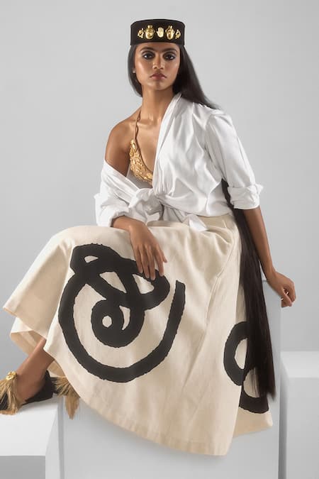 Shop_Masaba_Ivory Cotton The Tamil Print Swing Skirt _Online_at_Aza_Fashions