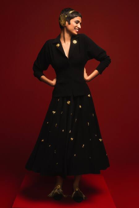 Shop_Masaba_Black Crepe Embroidery The Charmed Embellished Swing Skirt _at_Aza_Fashions