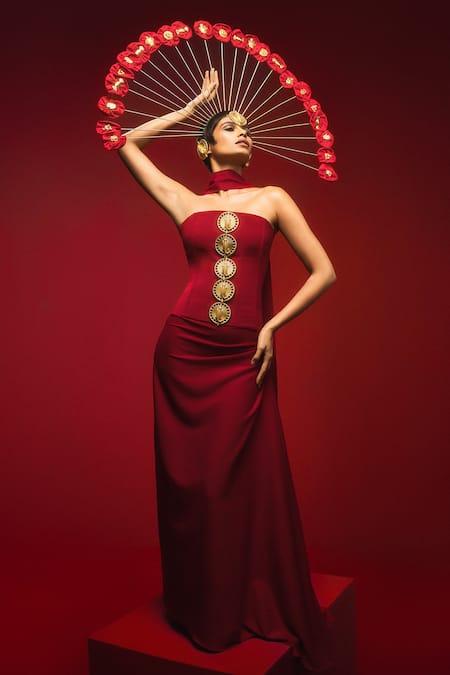 Shop Masaba Red Crepe Embroidery The Ghana Gator Embellished Corset Draped Skirt Set at Aza Fashions Shop_Masaba_Red Crepe Embroidery The Ghana Gator Embellished Corset Draped Skirt Set _at_Aza_Fashions