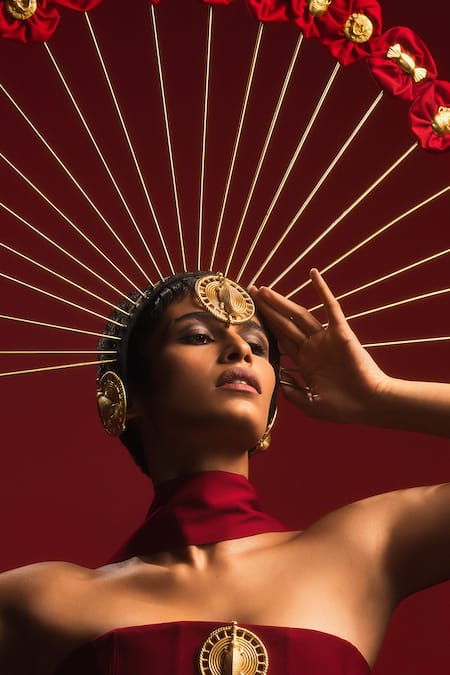 Shop Masaba Red Crepe Embroidery The Ghana Gator Embellished Corset Draped Skirt Set Online at Aza Fashions Shop_Masaba_Red Crepe Embroidery The Ghana Gator Embellished Corset Draped Skirt Set _Online_at_Aza_Fashions