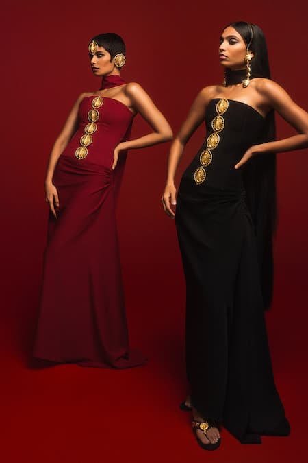 Masaba Red Crepe Embroidery The Ghana Gator Embellished Corset Draped Skirt Set at Aza Fashions Masaba_Red Crepe Embroidery The Ghana Gator Embellished Corset Draped Skirt Set _at_Aza_Fashions