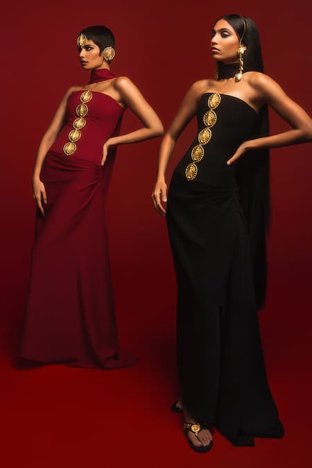 Shop_Masaba_Black Crepe Gota Patti, Zari Round The Ghana Gator Embellished Corset Skirt Set _at_Aza_Fashions