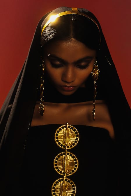 Buy_Masaba_Black Crepe Gota Patti, Zari Round The Ghana Gator Embellished Corset Skirt Set _Online_at_Aza_Fashions